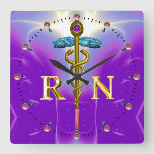 GOLD CADUCEUS REGISTERED NURSE SYMBOLBlue Purple Square Wall Clock