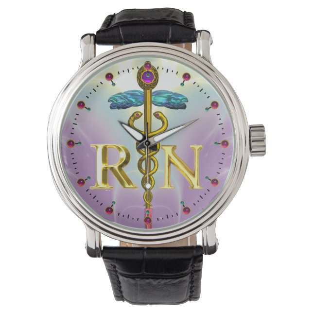 GOLD CADUCEUS REGISTERED NURSE SYMBOL Blue Purple Watch (Front)