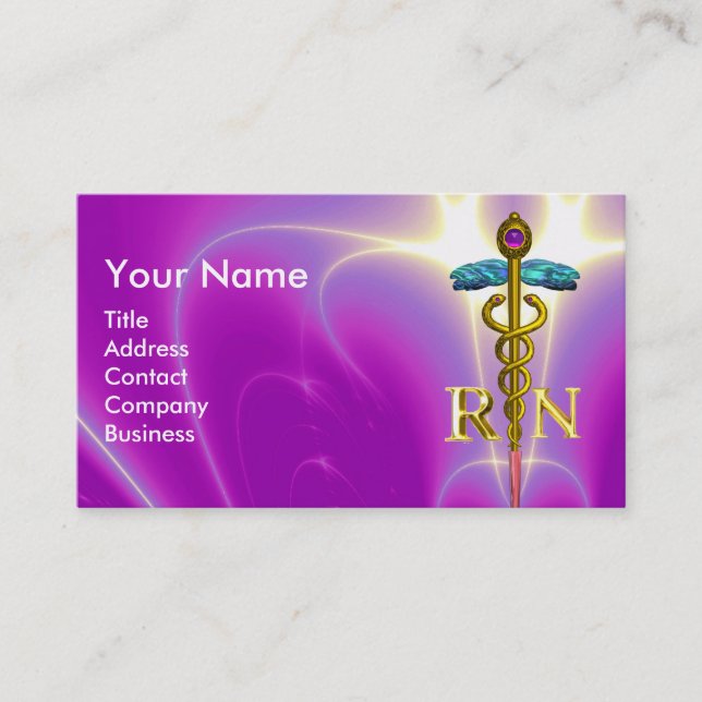 GOLD CADUCEUS REGISTERED NURSE SYMBOL Fuchsia Pink Business Card (Front)