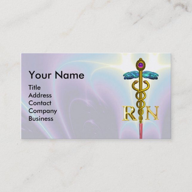GOLD CADUCEUS REGISTERED NURSE SYMBOL Light Blue Business Card (Front)