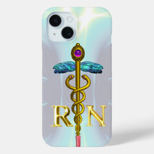 GOLD CADUCEUS REGISTERED NURSE SYMBOL Light Blue iPhone 15 Case