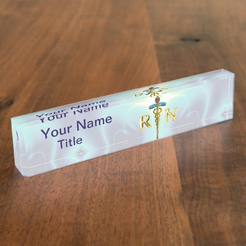 GOLD CADUCEUS REGISTERED NURSE SYMBOL Light Blue Nameplate