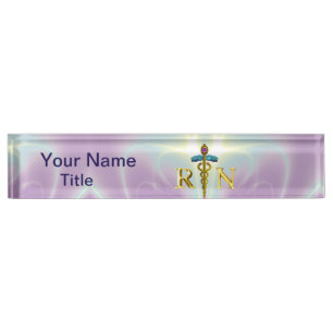 GOLD CADUCEUS REGISTERED NURSE SYMBOL Light Purple Name Plate