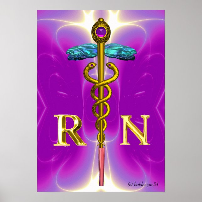 GOLD CADUCEUS REGISTERED NURSE SYMBOL,Pink Fuchsia Poster (Front)