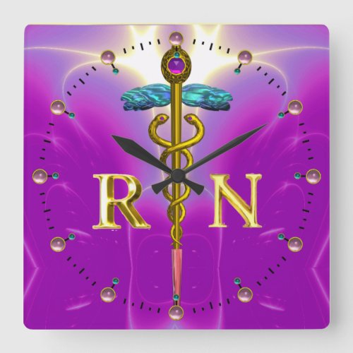 GOLD CADUCEUS REGISTERED NURSE SYMBOLPink Fuchsia Square Wall Clock