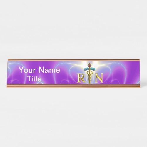 GOLD CADUCEUS REGISTERED NURSE SYMBOL Pink Purple Desk Name Plate