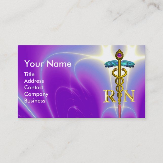 GOLD CADUCEUS REGISTERED NURSE SYMBOL Purple Blue Business Card (Front)