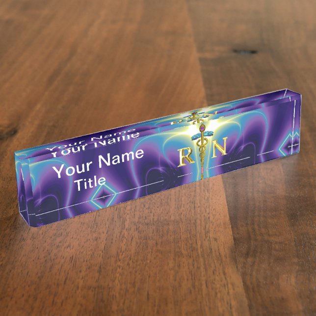 GOLD CADUCEUS REGISTERED NURSE SYMBOL /Purple Blue Desk Name Plate (Side)