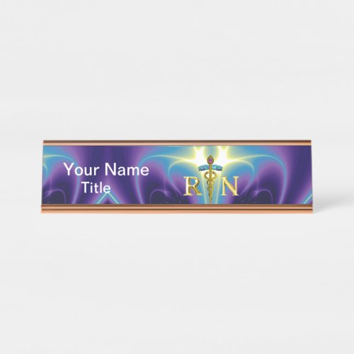 GOLD CADUCEUS REGISTERED NURSE SYMBOL Purple Blue Desk Name Plate