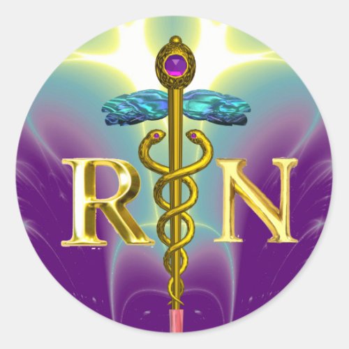 GOLD CADUCEUS REGISTERED NURSE SYMBOL Purple Green Classic Round Sticker