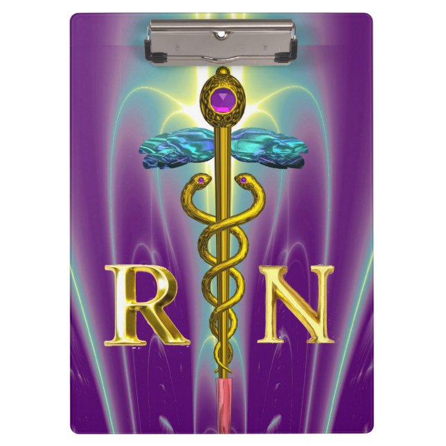 GOLD CADUCEUS REGISTERED NURSE SYMBOL Purple Green Clipboard (Front)