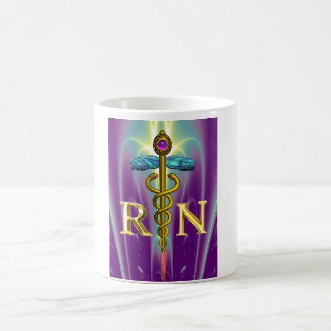 GOLD CADUCEUS REGISTERED NURSE SYMBOL Purple Green Coffee Mug (Center)