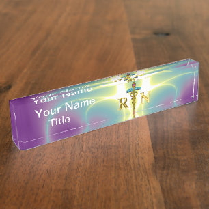 GOLD CADUCEUS REGISTERED NURSE SYMBOL Purple Green Name Plate