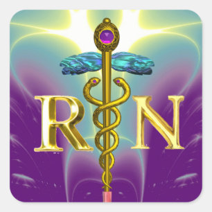 GOLD CADUCEUS REGISTERED NURSE SYMBOL Purple Green Square Sticker