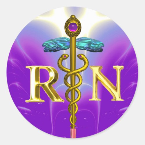 GOLD CADUCEUS REGISTERED NURSE SYMBOL Purple Teal Classic Round Sticker