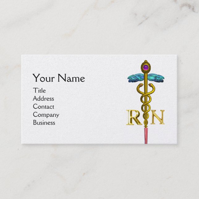 GOLD CADUCEUS REGISTERED NURSE SYMBOL White Pearl Business Card (Front)