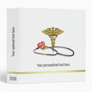 Gold Caduceus & Stethoscope with Heart Medical 3 Ring Binder