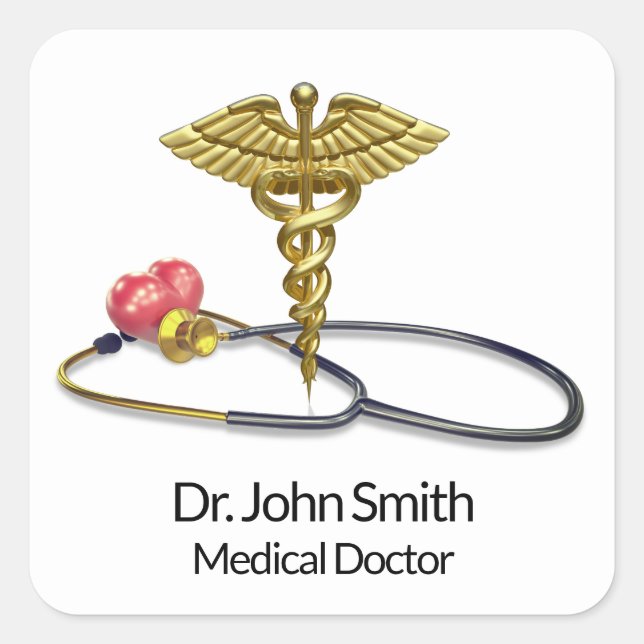 Gold Caduceus & Stethoscope with Heart Medical Square Sticker (Front)