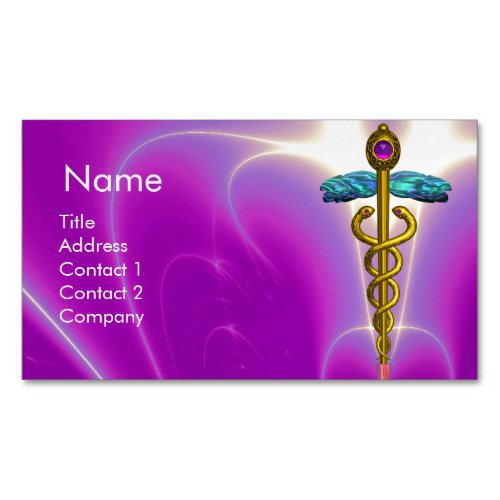 GOLD CADUCEUS SYMBOL  Pink Fuchsia Teal Blue Magnetic Business Card