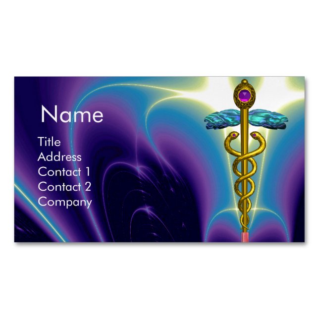 GOLD CADUCEUS SYMBOL / Purple Blue Magnetic Business Card (Front)
