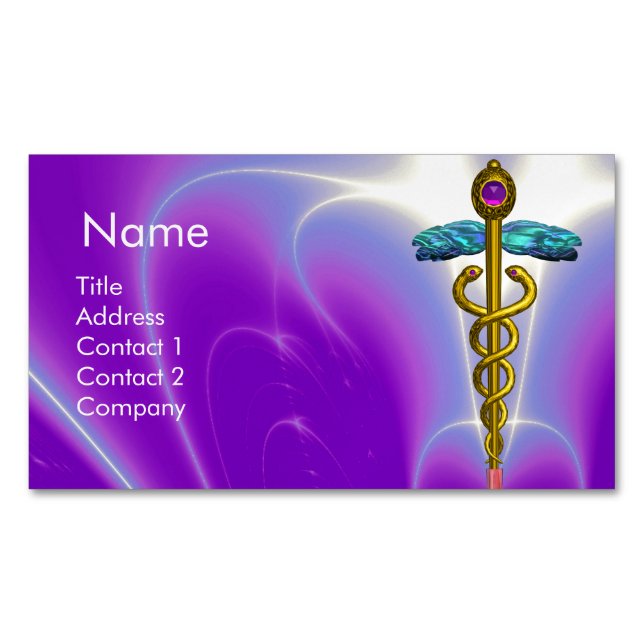 GOLD CADUCEUS SYMBOL / Purple Fuchsia Business Card Magnet (Front)