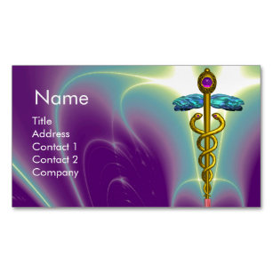 GOLD CADUCEUS SYMBOL / Purple Green Magnetic Business Card