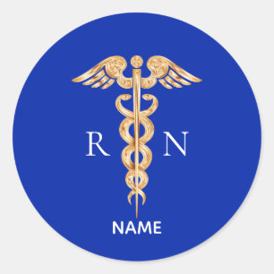 Gold Caduceus Symbol & Registered Nurse Monogram Classic Round Sticker