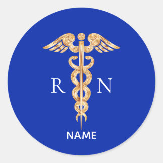Gold Caduceus Symbol & Registered Nurse Monogram Classic Round Sticker
