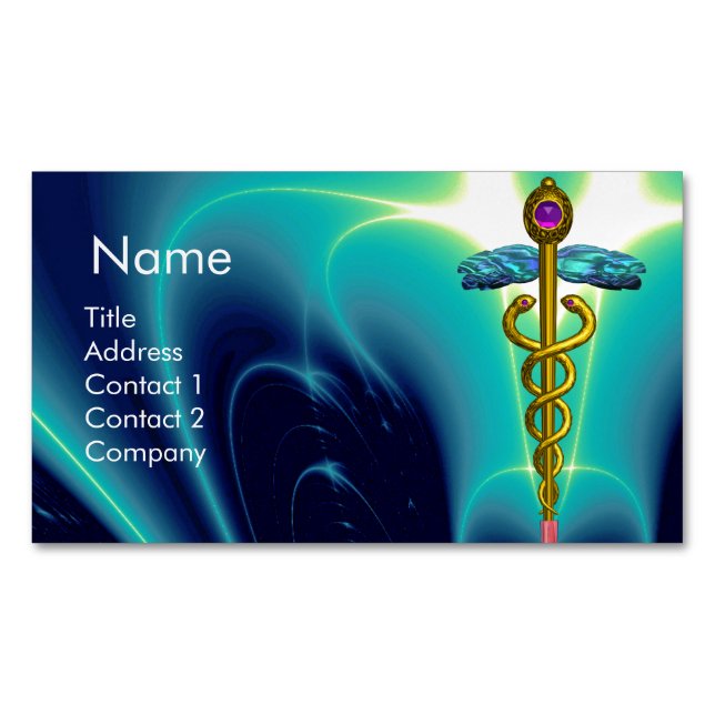 GOLD CADUCEUS SYMBOL / Teal Blue Turquoise Business Card Magnet (Front)