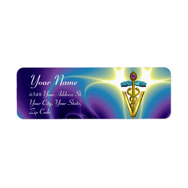 GOLD CADUCEUS VETERINARY SYMBOL,Aqua  Blue,Purple Label (Front)