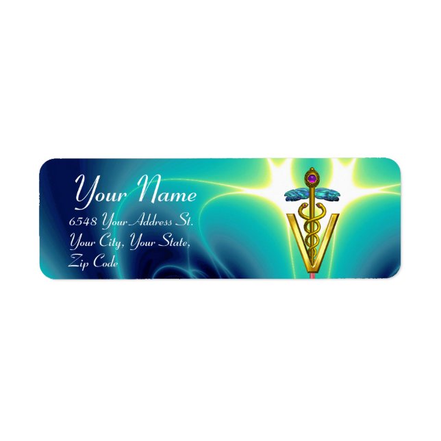 GOLD CADUCEUS VETERINARY SYMBOL, aqua blue,teal Label (Front)