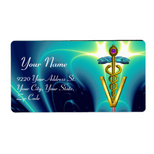 GOLD CADUCEUS VETERINARY SYMBOL, aqua blue,teal Label