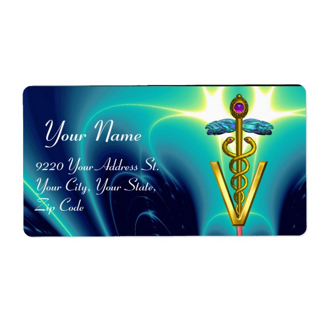 GOLD CADUCEUS VETERINARY SYMBOL, aqua blue,teal Label (Front)
