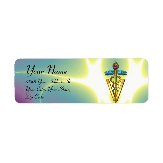 GOLD CADUCEUS VETERINARY SYMBOL Blue Green Label (Front)