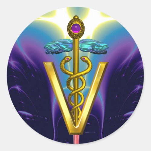 GOLD CADUCEUS VETERINARY SYMBOL Blue Purple Classic Round Sticker