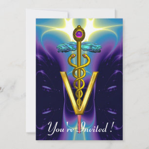 GOLD CADUCEUS VETERINARY SYMBOL Blue Purple Invitation