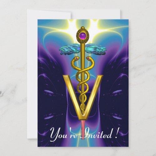 GOLD CADUCEUS VETERINARY SYMBOL Blue Purple Invitation