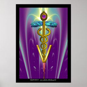 GOLD CADUCEUS VETERINARY SYMBOL Blue Purple Poster