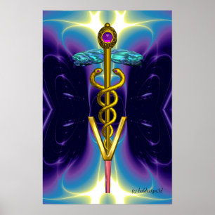 GOLD CADUCEUS VETERINARY SYMBOL Blue Purple Poster