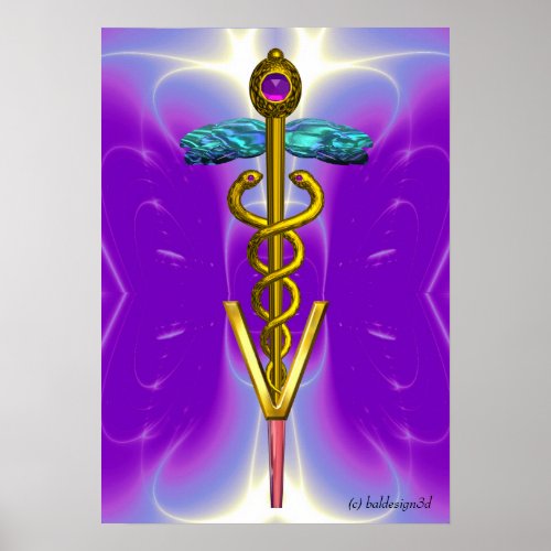 GOLD CADUCEUS VETERINARY SYMBOL Blue Purple Poster