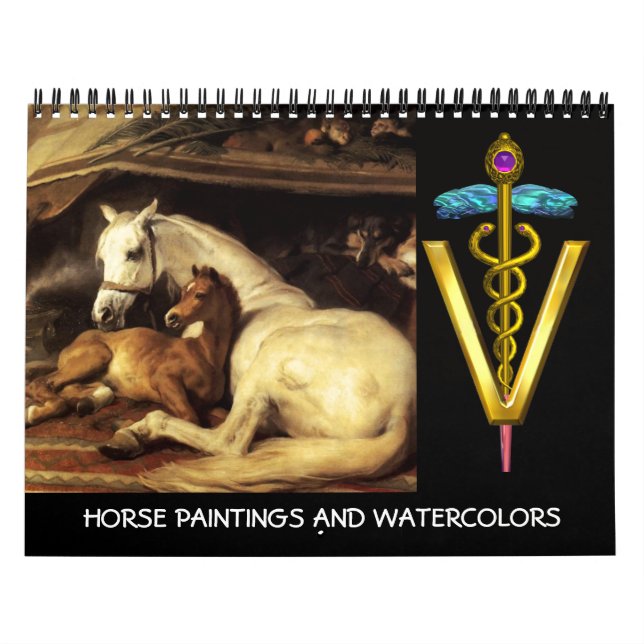GOLD CADUCEUS VETERINARY SYMBOL HORSES FINE ART CALENDAR (Cover)