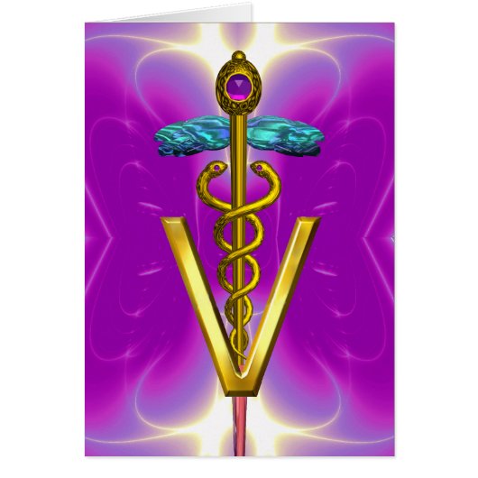 GOLD CADUCEUS VETERINARY SYMBOL Pink Fuchsia Cards (Front)