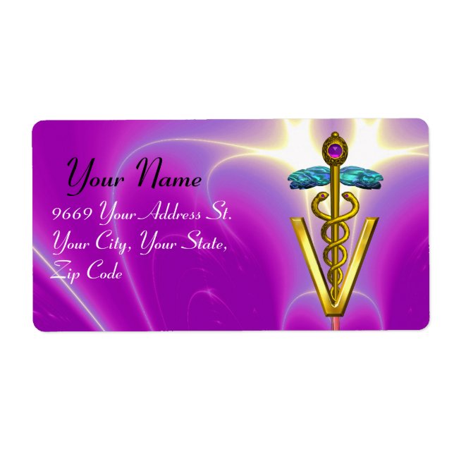 GOLD CADUCEUS VETERINARY SYMBOL Pink Fuchsia Label (Front)