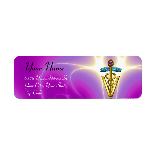 GOLD CADUCEUS VETERINARY SYMBOL Pink Fuchsia Label (Front)
