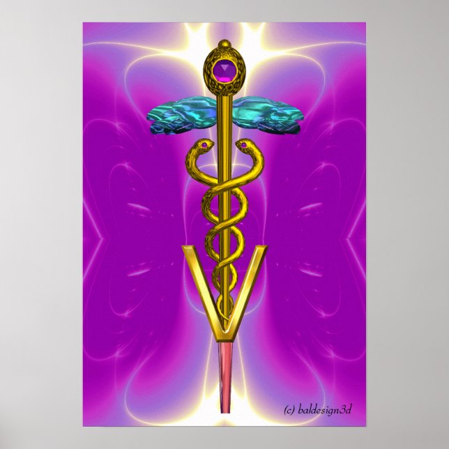 GOLD CADUCEUS VETERINARY SYMBOL Pink Fuchsia Poster (Front)