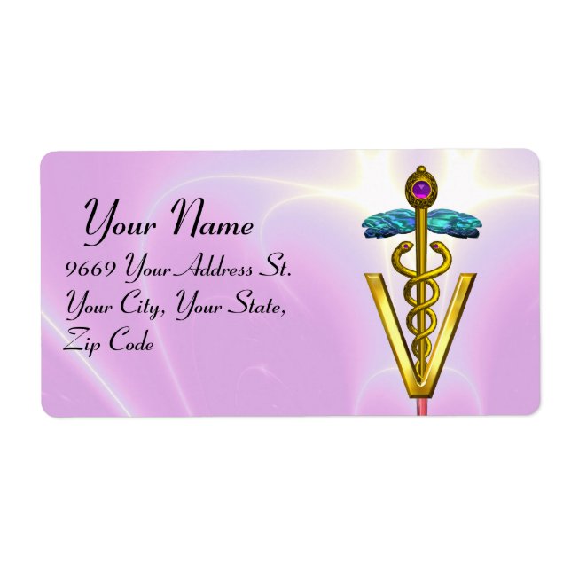 GOLD CADUCEUS VETERINARY SYMBOL Pink Lilac Label (Front)