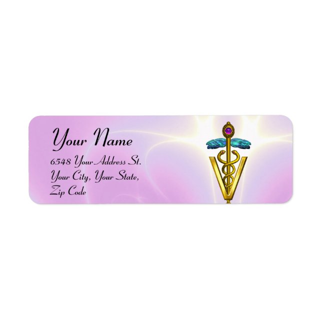 GOLD CADUCEUS VETERINARY SYMBOL Pink Lilac Label (Front)