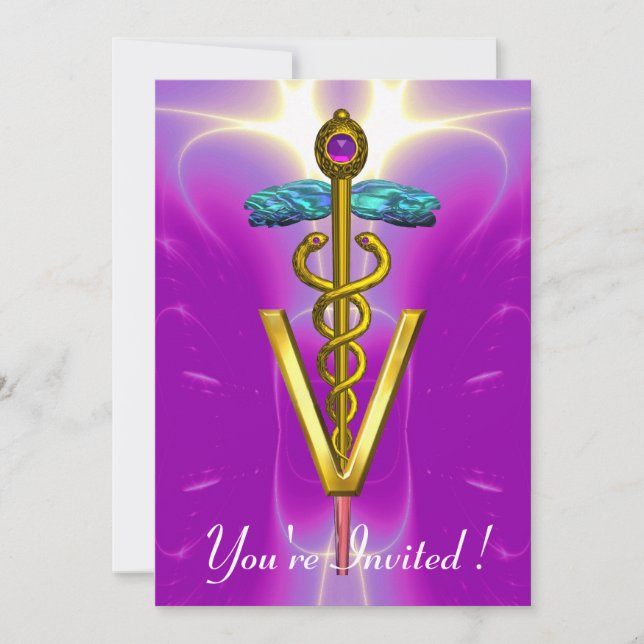 GOLD CADUCEUS VETERINARY SYMBOL Pink Purple Invitation (Front)