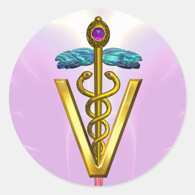 GOLD CADUCEUS VETERINARY SYMBOL Pink White Classic Round Sticker (Front)