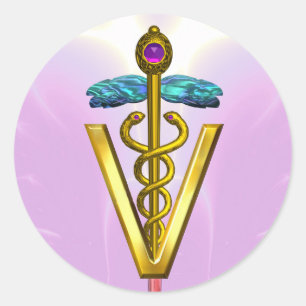 GOLD CADUCEUS VETERINARY SYMBOL Pink White Classic Round Sticker